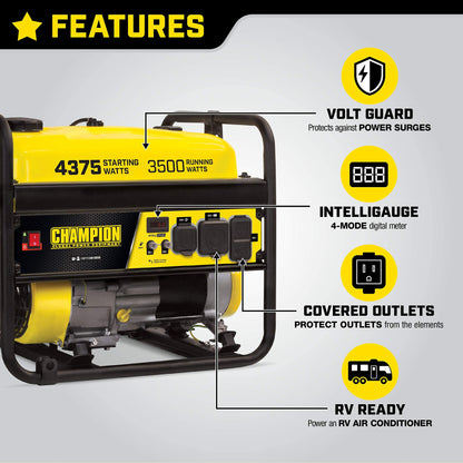 Champion Power Equipment 100555 Générateur portable prêt pour camping-car 4375/3500 watts, CARB 3500 watts + démarrage manuel 