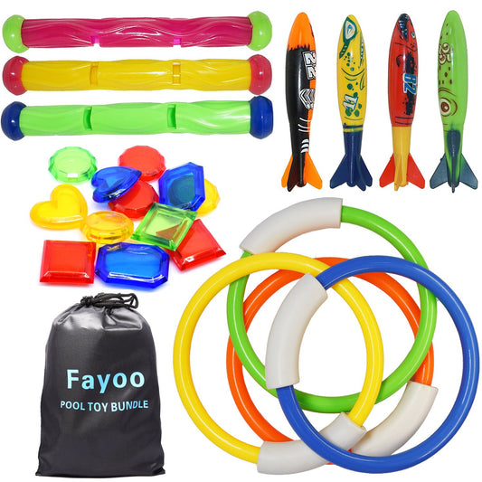 Fayoo Lot de 23 jouets sous-marins pour piscine/plongée sous-marine (4 pièces), Toypedo Bandits (4 pièces), bâtons de plongée (3 pièces) avec trésors sous-marins (12 pièces)