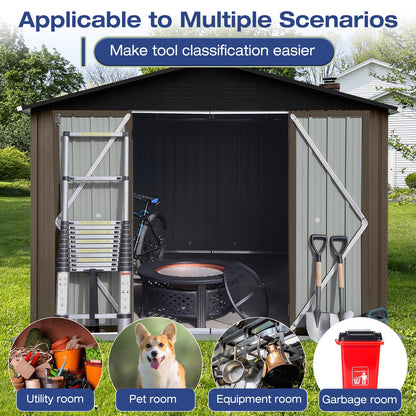 Lyromix 10' × 8' Metal Outdoor Storage Shed with Door & Lock, Waterproof Garden Storage Tool Shed with Base Frame for Backyard Patio, Brown 10×8 FT