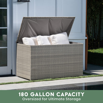 Royal Garden 230 Gal Extra Large Wicker Furniture Deck Storage Box for Indoor Outdoor Use, Storage for Cushions, Pillows, Patio, and Pool Accessories w/ Pneumatic Hinges and Internal Liner (Gray) Gray