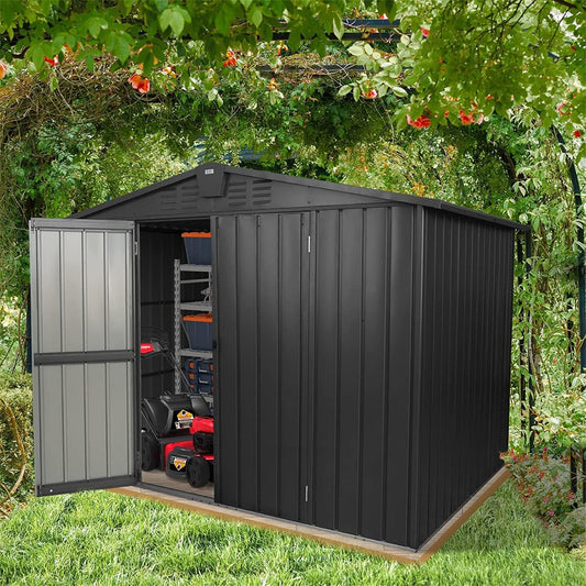 GLANZEND 8 Ft x 6 Ft Metal Outdoor Storage Shed, Garden Shed with Lockable Door & Vents, Large Galvanized Steel Tool Organizer Cabinet, Waterproof for Backyard, Patio, Lawn, Black 8 x 6 Feet