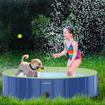 Foldable Dog Pool by LUNAOO- Portable Kiddie Pool, Durable PVC Outdoor Swimming Pool for Large Small Dogs (L - 47'' x 12'', Navy Blue Green) L - 47'' x 12''