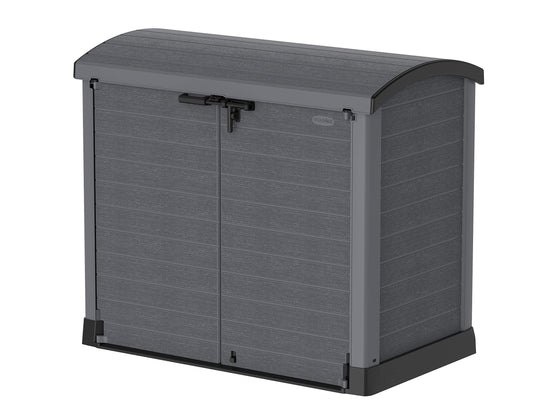 Duramax Cedargrain StoreAway 1200L Plastic Garden Storage Shed/Arc Lid - Outdoor Storage Bike Shed – Durable & Strong Construction– Ideal for Tools, Bikes, BBQs & 2X 240L Bins, 145x85x125 cm, Grey Arc Lid Gray 1200 Litre