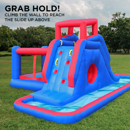 Sunny & Fun 2-in-1 Bounce & Blast Inflatable Water Slide Park – Heavy-Duty for Outdoor Fun - Climbing Wall, Slide, Bouncer & Splash Pool – Easy to Set Up, Included Air Pump & Carrying Case