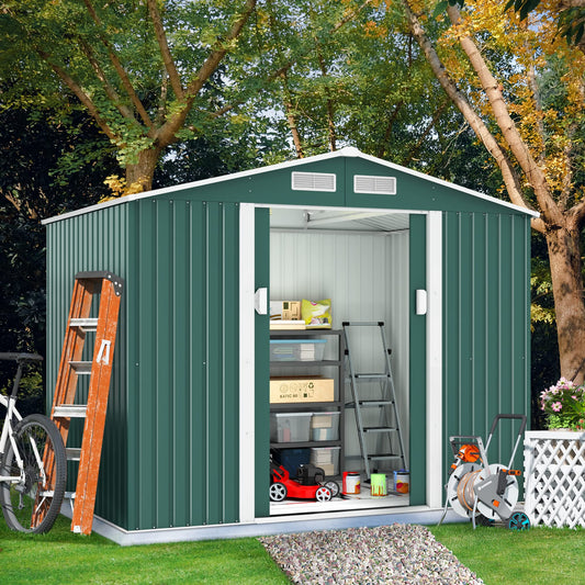 JAXPETY 6.3' x 9.1' Large Outdoor Garden Storage Shed, Backyard Steel Utility Tool Shed, Lawn Garage Building Organizer w/Sliding Door, Gable Roof, 4 Vents- Green