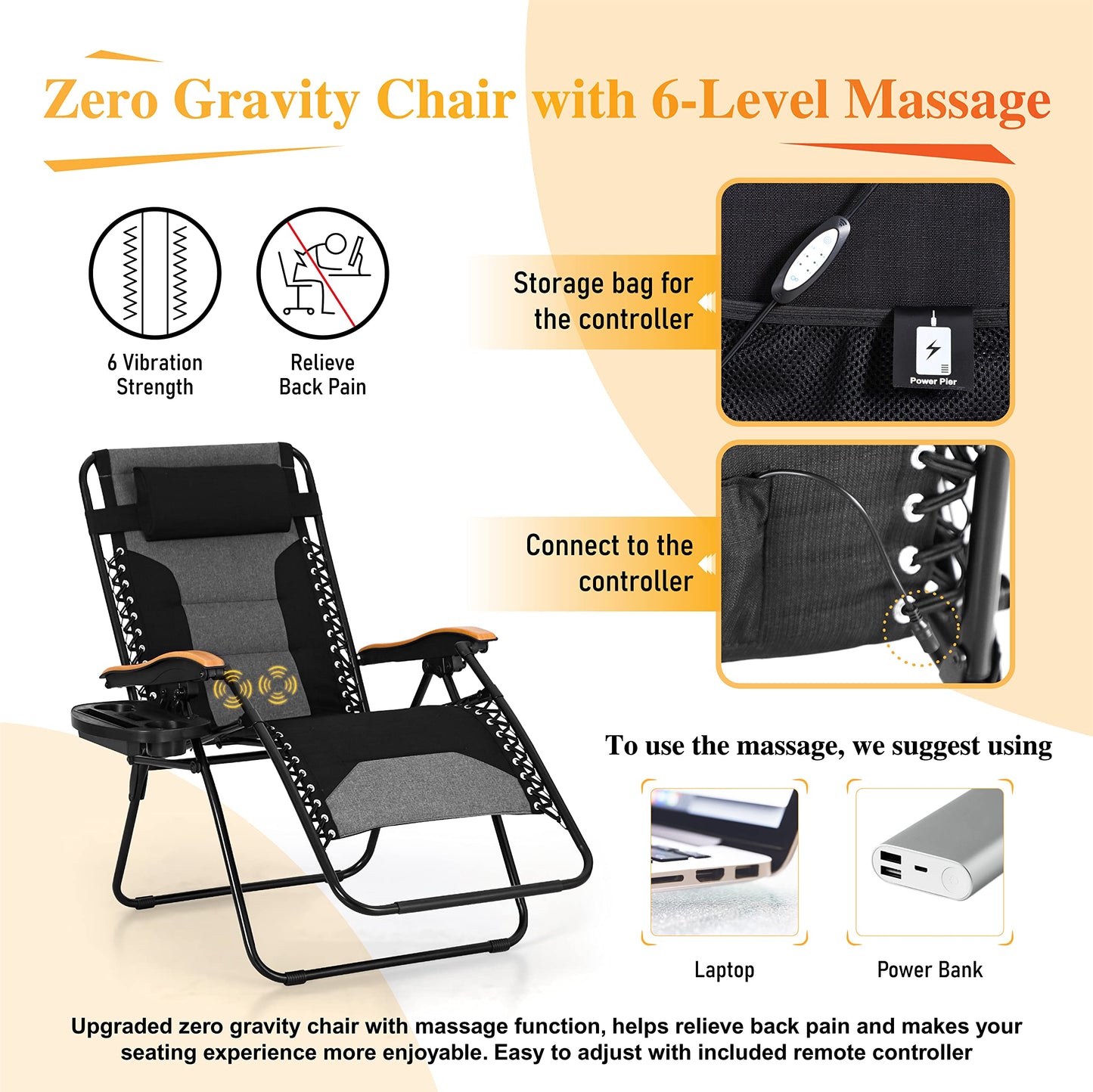 Sophia &amp; William XL Zero Gravity Chair avec massage (lot de 2), chaise longue inclinable à gravité surdimensionnée avec porte-gobelet gratuit, prend en charge 400 lb (noir) Lot de 2