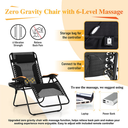 Sophia & William XL Zero Gravity Chair with Massage (2 Pack), Oversize Gravity Recliner Lounge Chair with Free Cup Holder, Supports 400 LBS (Black) 2 Pack Black-massage