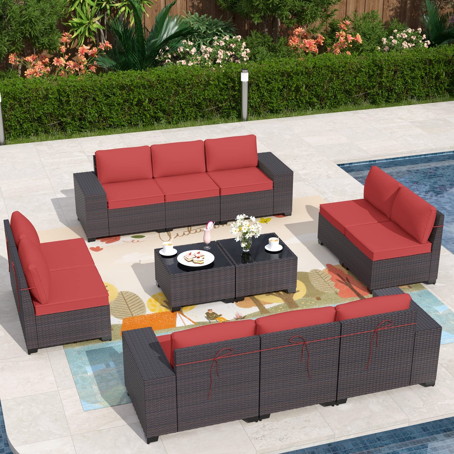 ALAULM 12 Pieces Outdoor Patio Furniture Set Sectional Sofa Sets - Red