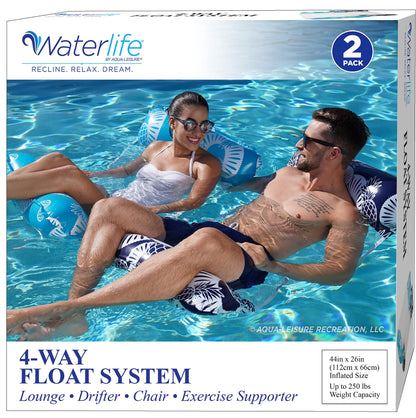 Waterlife Lot de 2 hamacs de piscine 4 en 1, flotteur gonflable pour chaise de piscine, hamac à eau (selle, chaise longue, hamac, dériveur), bleu marine et bleu clair, 2 pièces (lot de 1)