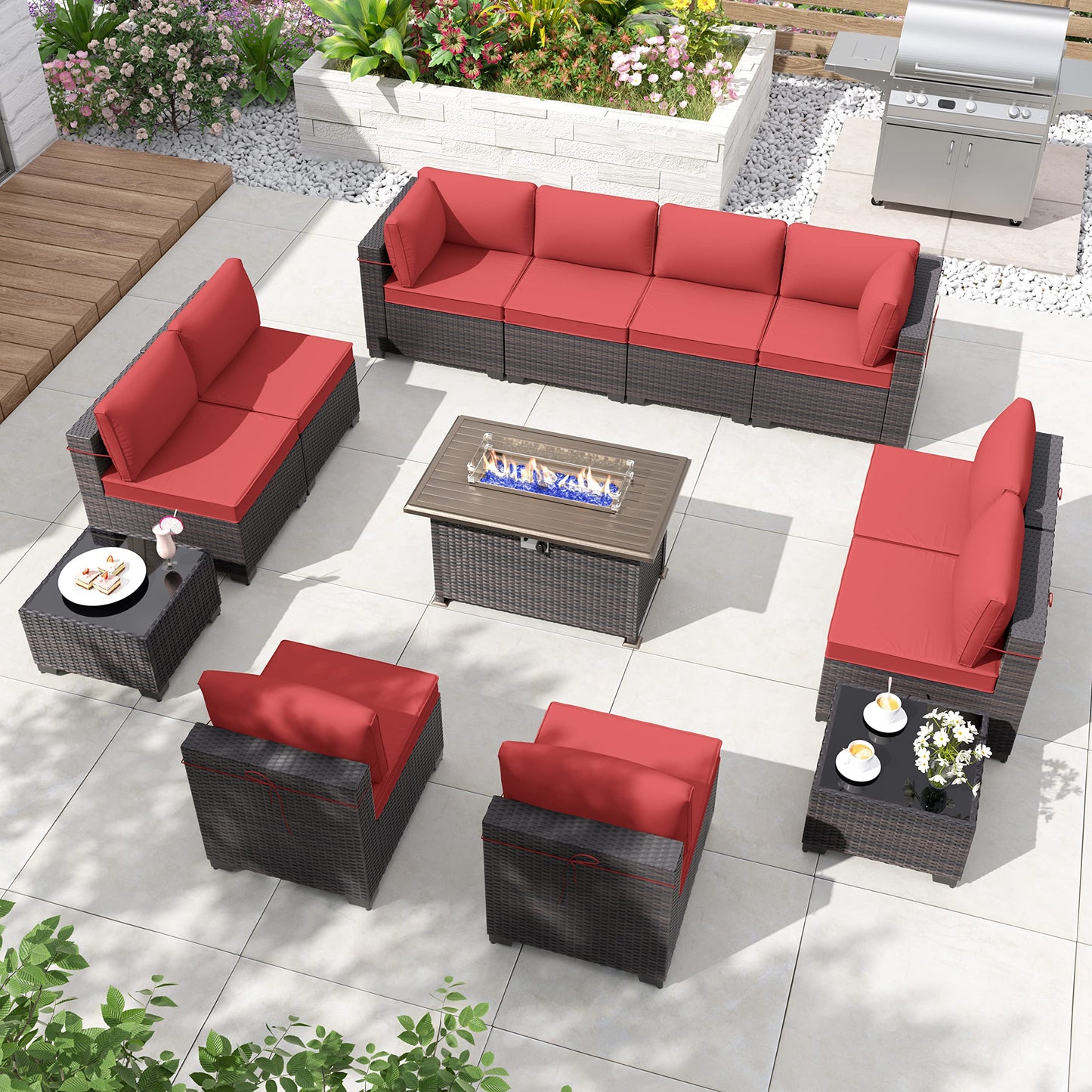 ALAULM 13 Pieces Patio Furniture Set with Fire Pit Table Outdoor Sectional Sofa Sets Outdoor Furniture - Red