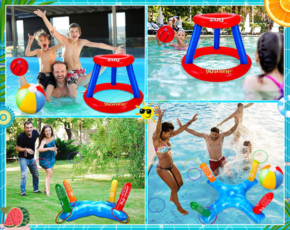 3 ensembles de jouets de piscine pour adultes et famille – Panier de basket flottant et anneau gonflable et ballon de plage pour enfants, accessoires de flotteurs aquatiques amusants