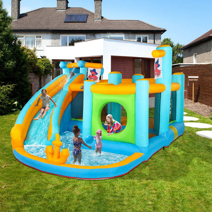 JOYMOR Parc de toboggans gonflables, maison de rebond sur le thème des pirates avec parcours d'obstacles, canon à eau, piscine à éclaboussures, toboggan aquatique Bouncer Castle Maison de jeu extérieure pour enfants (ventilateur inclus)