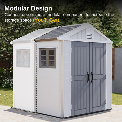 EAST OAK Abri de rangement extérieur en résine imperméable avec fenêtre, 152 pieds cubes, abri de maison extérieur pour meubles de patio, tondeuse à gazon, vélo, 7 × 4 × 8,2 pieds 