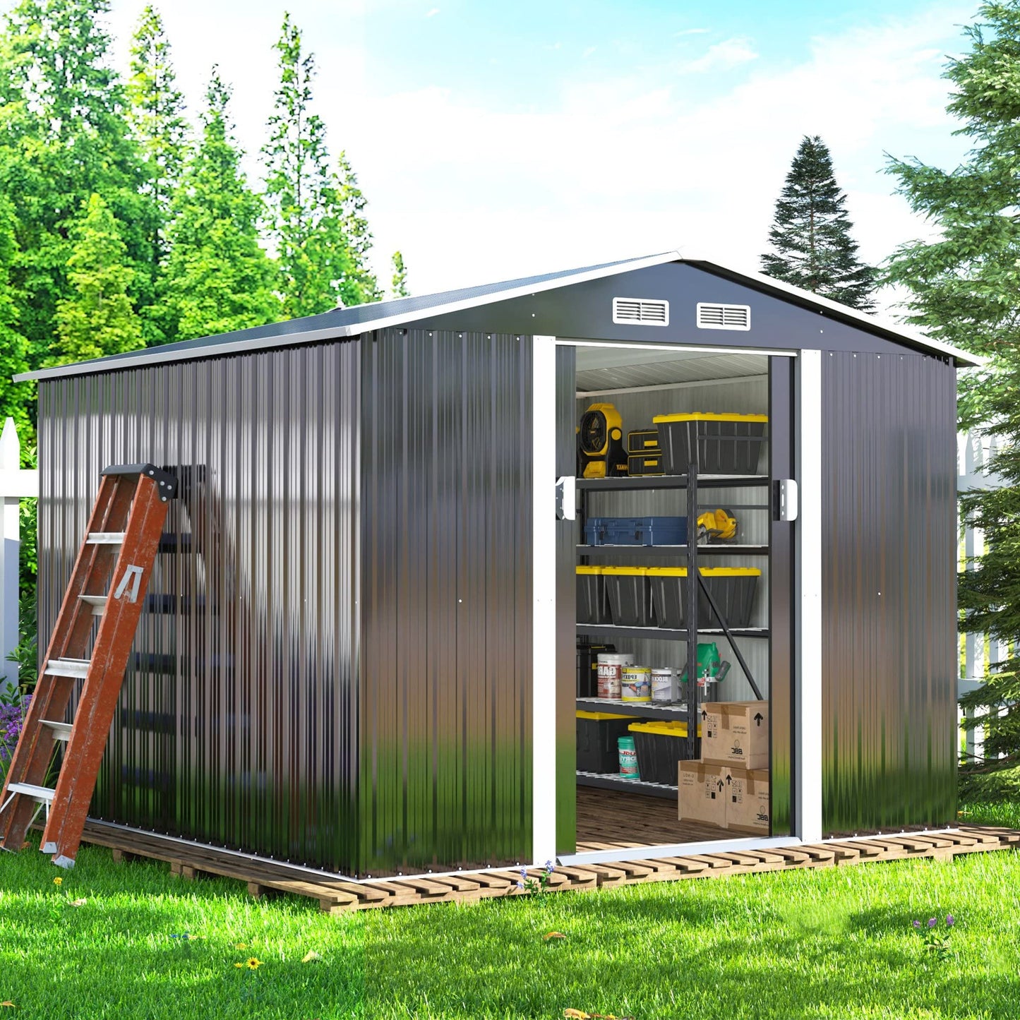 JAXPETY 8 x 8 FT Outdoor Storage Shed Metal Garden Sheds & Outdoor Storage with Sliding Doors for Backyard, Patio, Lawn (Gray, 8'x8') Gray 8x8