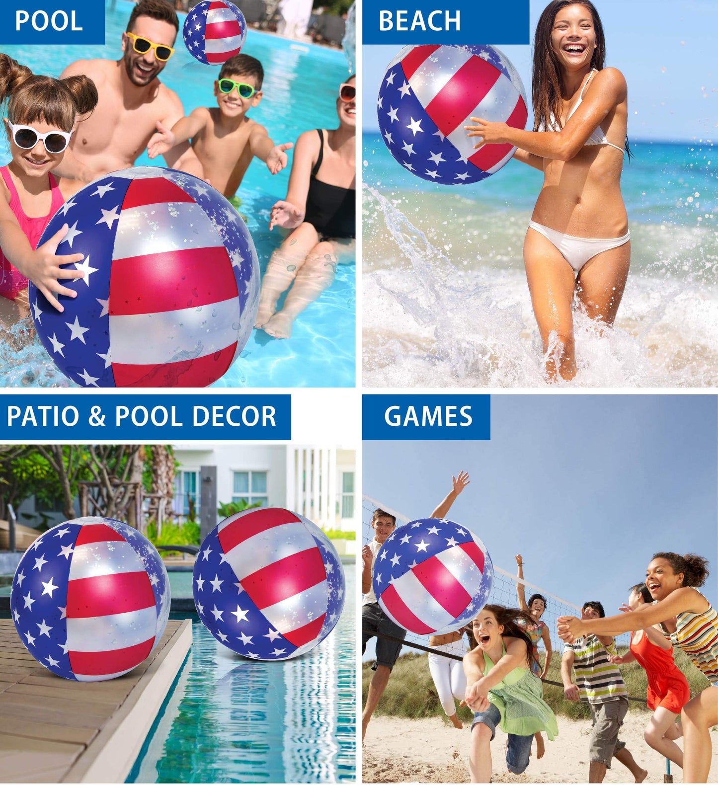 POZA Inflatable USA Pool Float - Luxurious Fun Lounger Filled with Sparkle Silver Stars Confetti, Cool USA Flag Design Water Swimming Pool Floaties for Beach, Lake & Pool USA 2 Balls