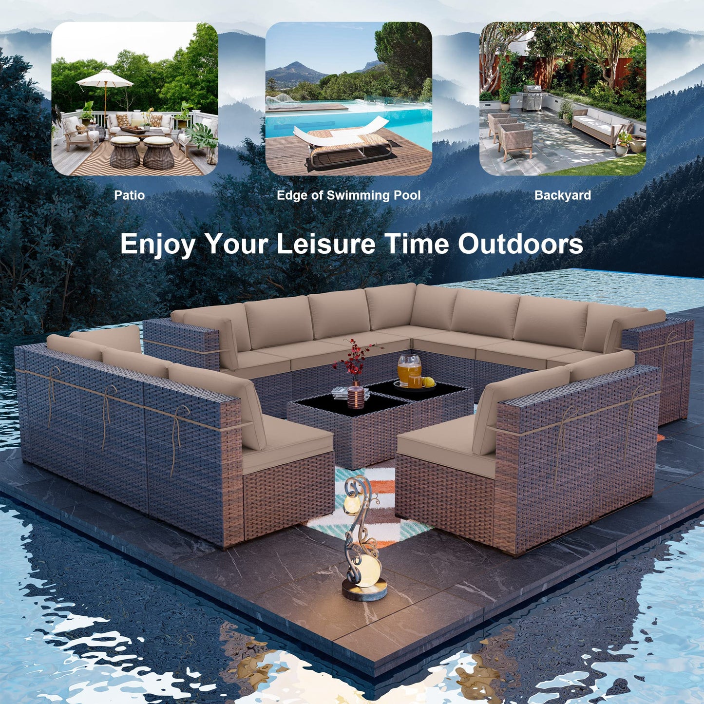 ALAULM 14 Pieces Sectional Outdoor Patio Furniture Sofa Sets - Sand