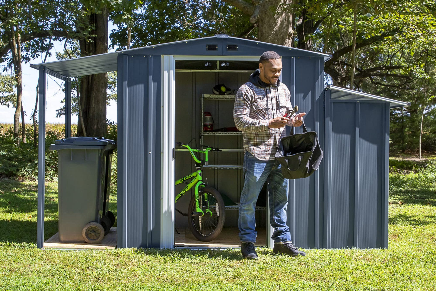 Arrow Sheds 10' x 5' Galvanized Steel 3-in-1 Pad-Lockable Outdoor Utility Storage Shed, Anthracite Modern