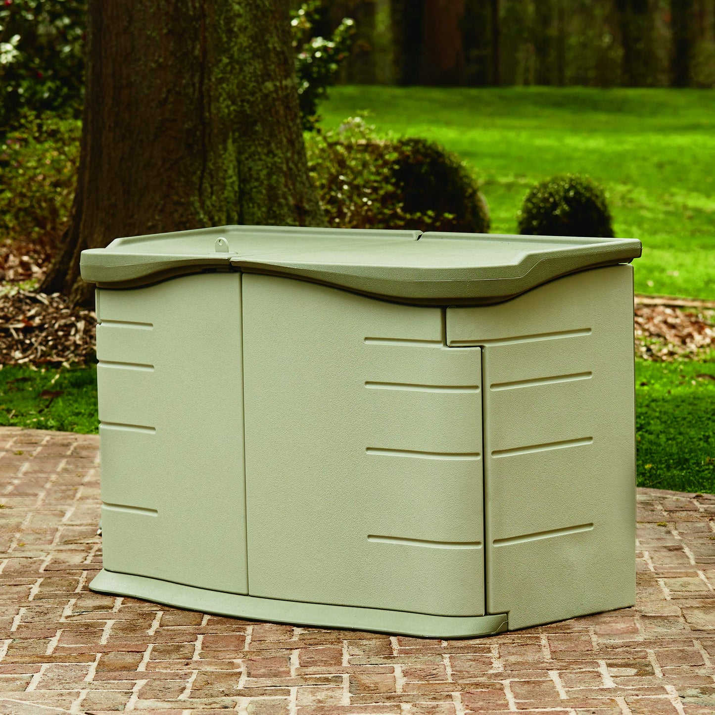 Rubbermaid Portable Outdoor Split Lid Resin Shed with Locking Lid and Impact-Resistant Floor, Olive and Sandstone