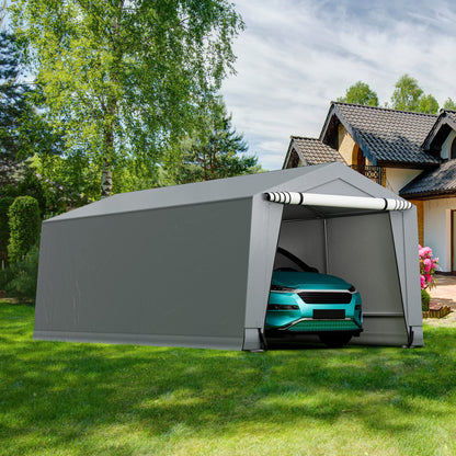 Tangkula Abri de voiture robuste de 3 x 6 m, garage portable extérieur avec poutres triangulaires renforcées, cadre en acier galvanisé, auvent de voiture en métal toutes saisons avec 2 portes amovibles pour voiture, camion, SUV, bateau 