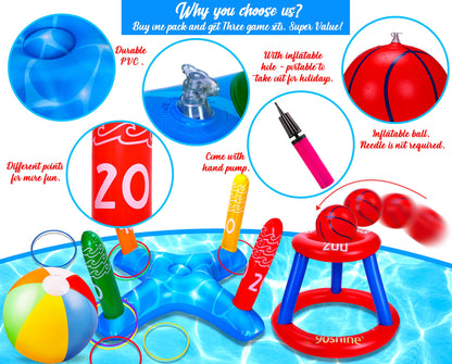 3 ensembles de jouets de piscine pour adultes et famille – Panier de basket flottant et anneau gonflable et ballon de plage pour enfants, accessoires de flotteurs aquatiques amusants