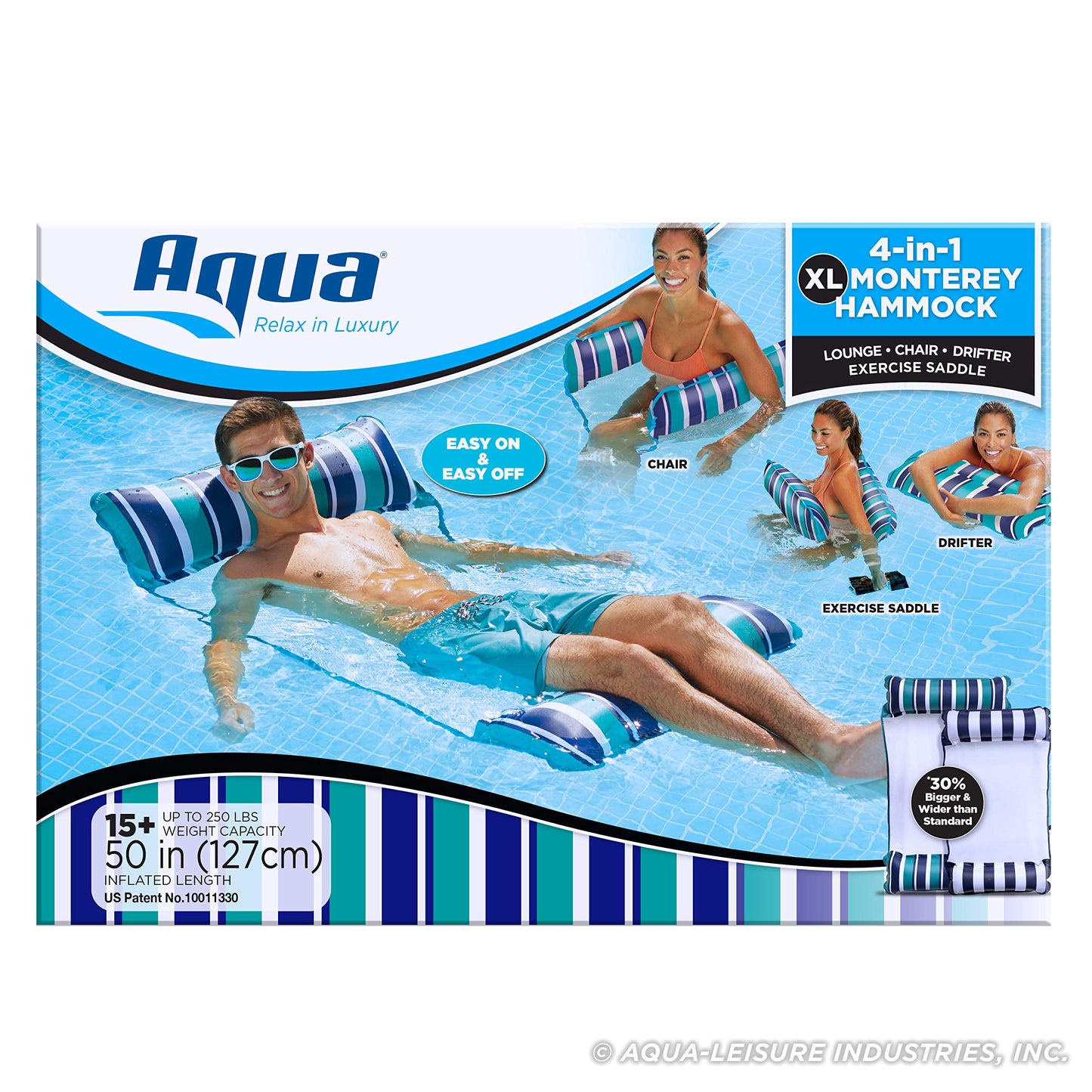 Aqua Original 4-en-1 Monterey Hammock Flotteur de piscine et hamac d'eau - Flotteurs de piscine gonflables polyvalents pour adultes - Matériau PVC épais et antiadhésif breveté Bleu sarcelle XL Hamac