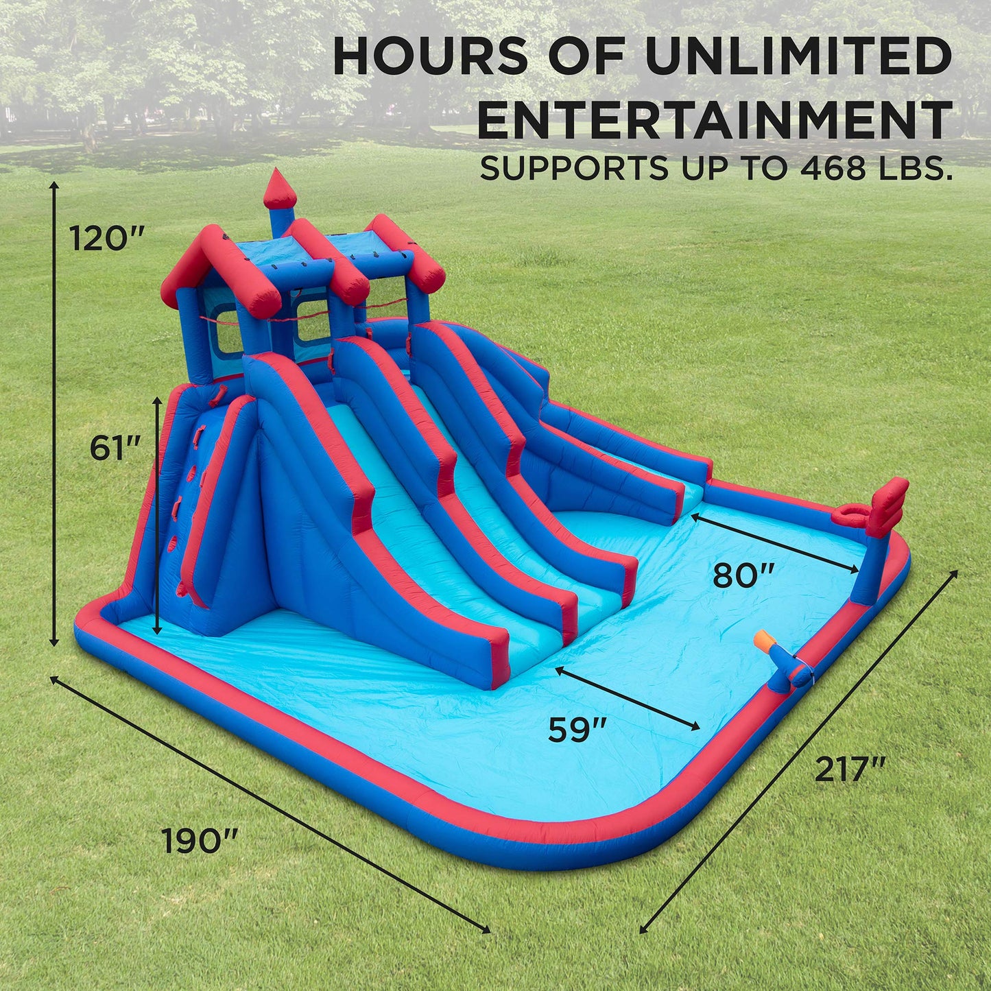 SUNNY & FUN Mega Sport Inflatable Water Triple Slide Park – Heavy-Duty for Outdoor Fun - Climbing Wall, 3 Slides & Splash Pool – Easy to Set Up & Inflate with Included Air Pump & Carrying Case