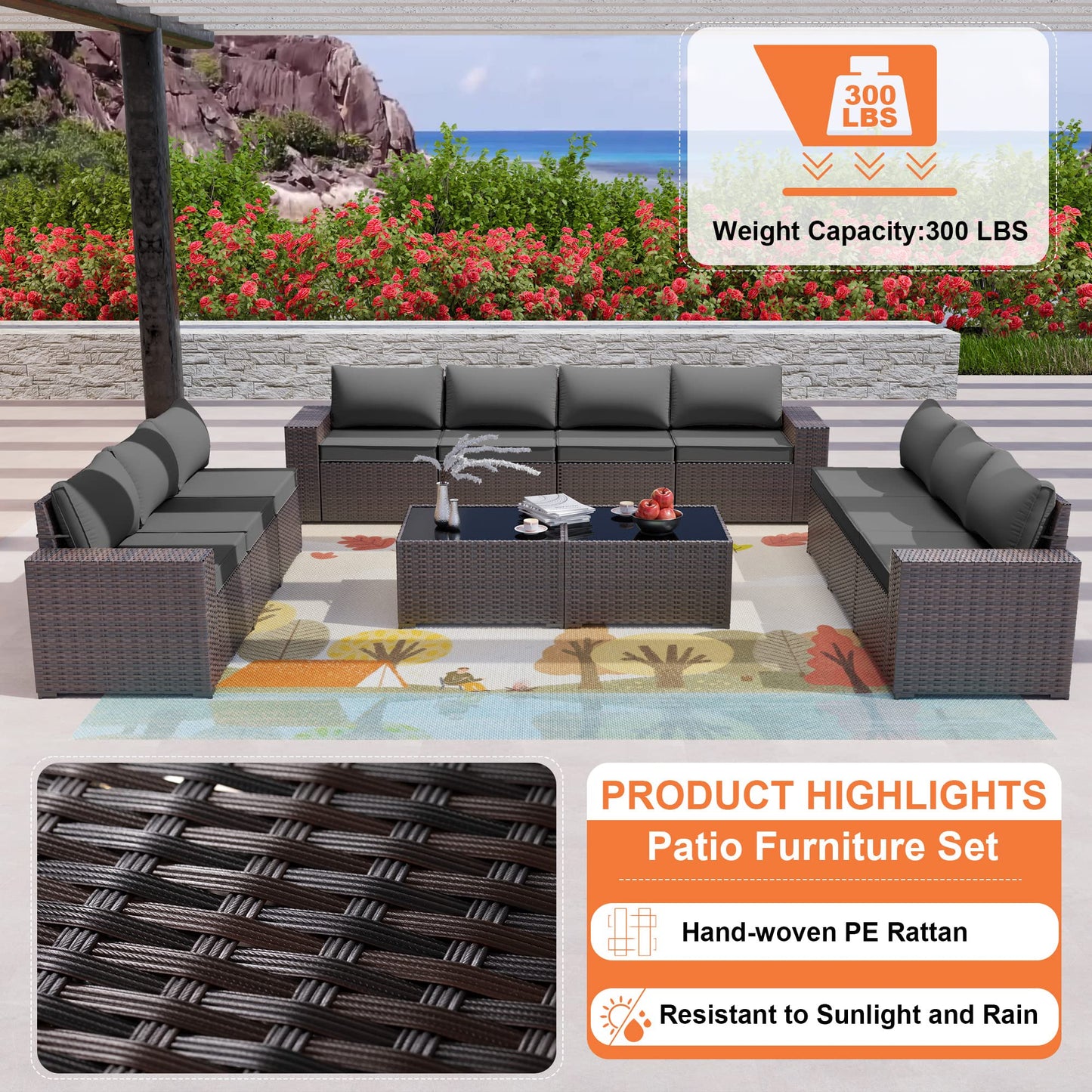 ALAULM 12 Pieces Outdoor Patio Furniture Set Sectional Sofa Sets - Grey