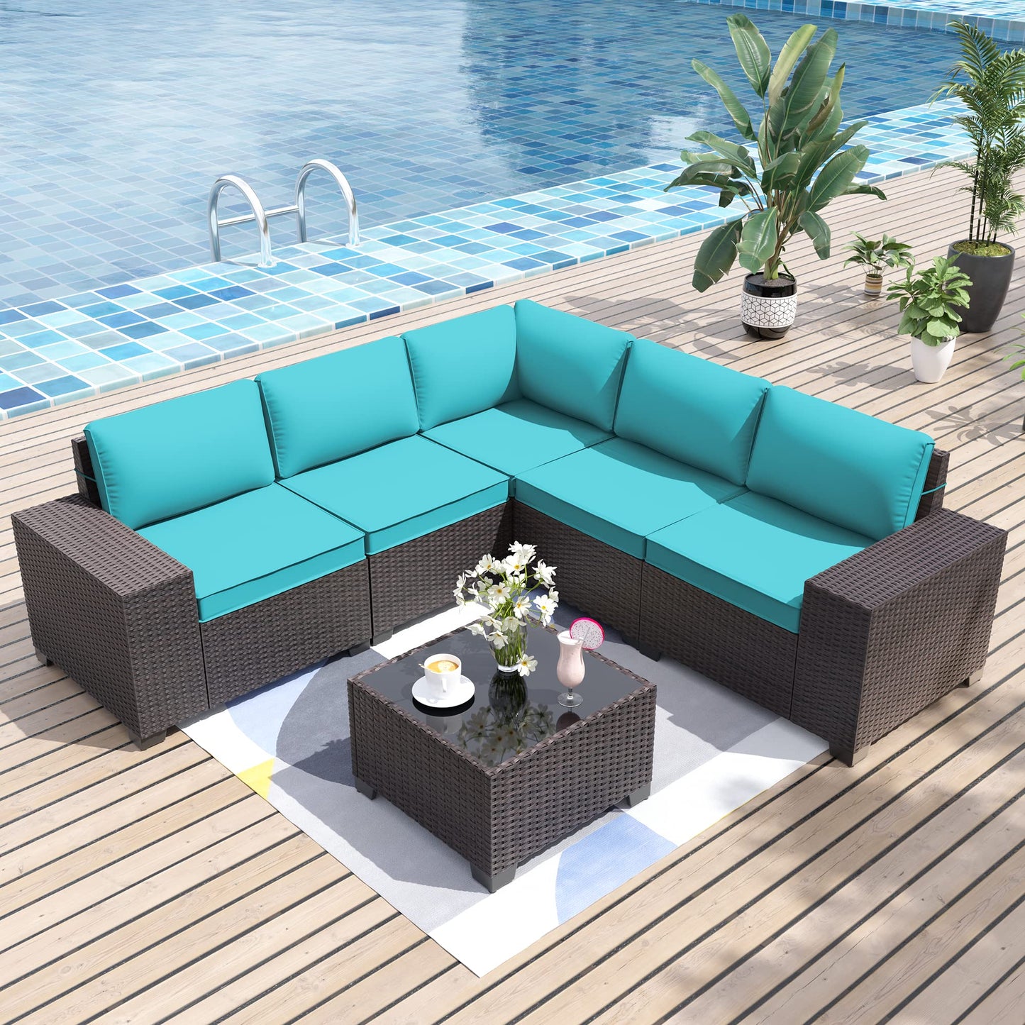 ALAULM 6 Pieces High-back Sectional Sofa Set Patio Furniture - Blue