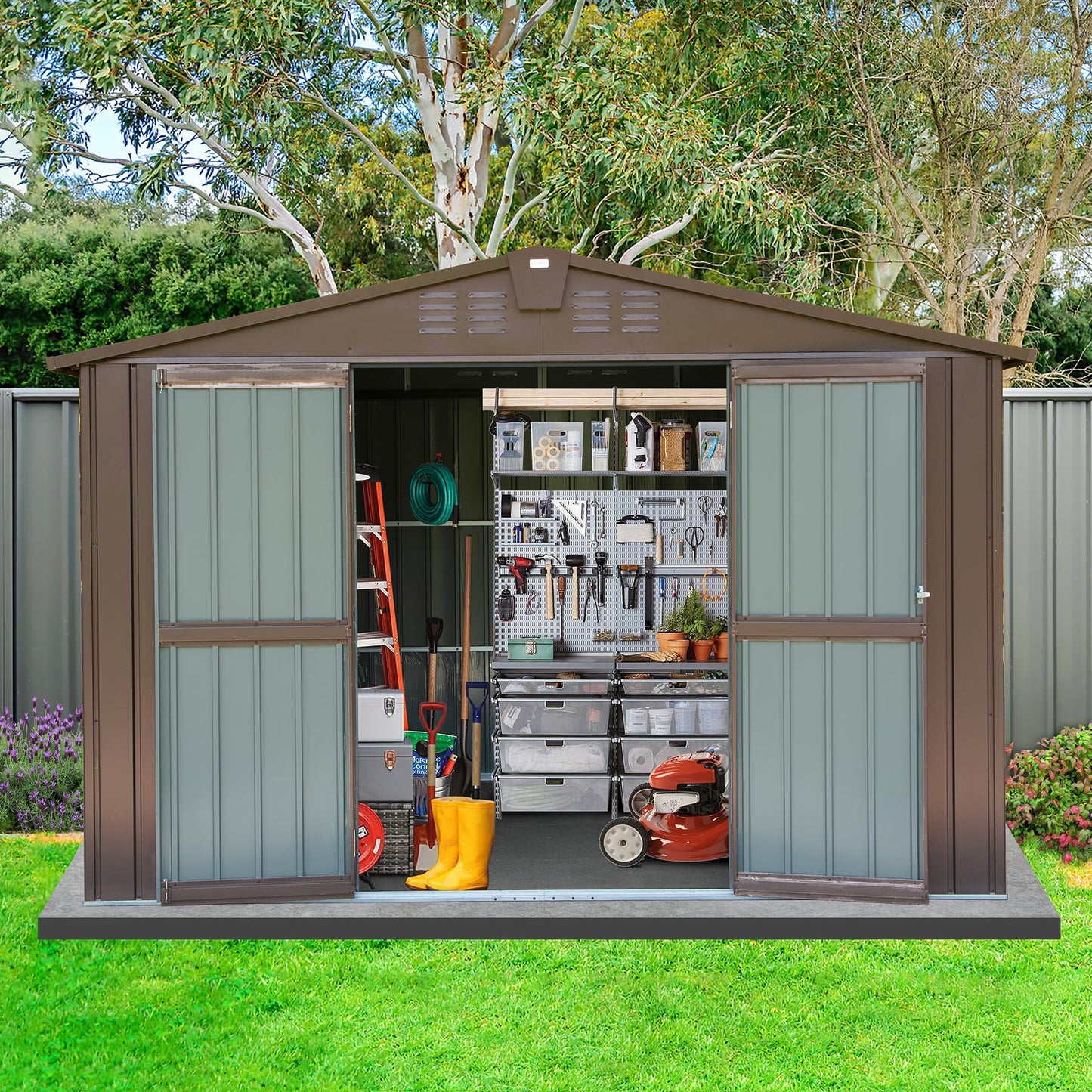 Domi Outdoor Storage Shed 10' x 8', Metal Steel Utility Tool Shed Storage House with Double Lockable Doors & Air Vents for Backyard Patio Garden Lawn Brown 10'x 8'(Brown)