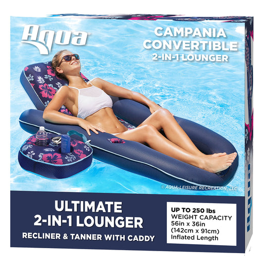 Aqua Oversized Ultimate Pool Lounger, Inflatable Pool Float with UPF 50 Sunshade Canopy, Heavy Duty, X-Large, Navy/Aqua/White Stripe Aqua Navy Campania 2-in-1 Recliner