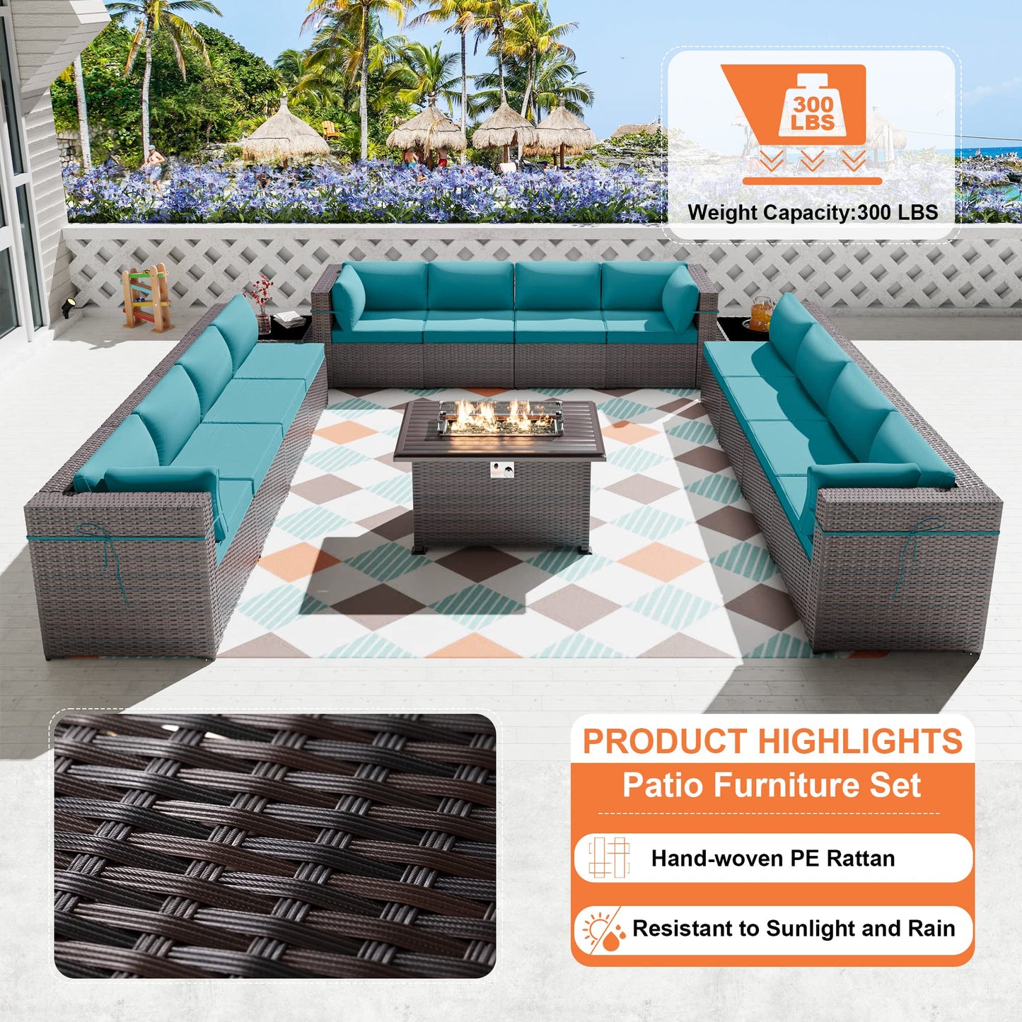 ALAULM 15 Pieces Outdoor Patio Furniture Set with Propane Fire Pit Table Outdoor Sectional Sofa Sets Patio Furniture