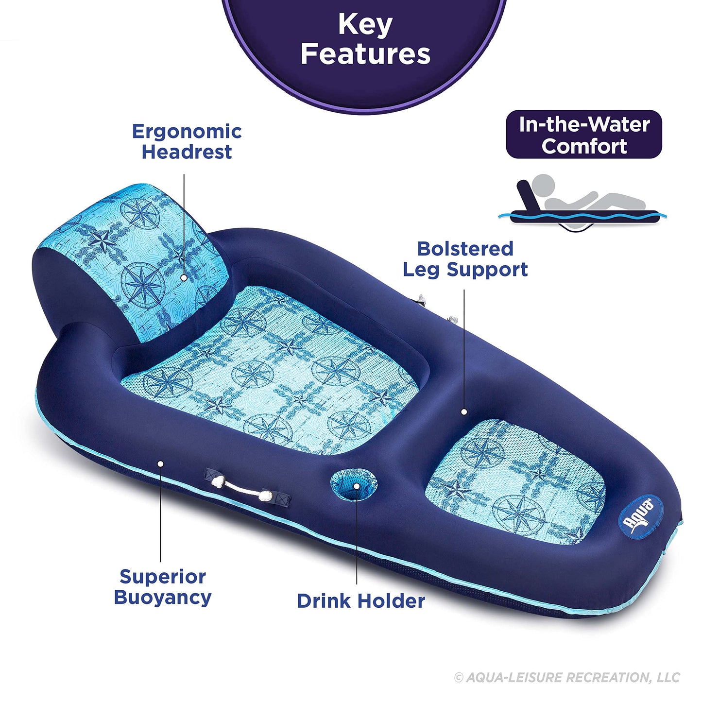 Aqua Ultimate Pool Float Lounges, Recliners, Tanners – Multiple Colors/Styles – for Adults and Kids Floating XL Lounge Navy/Light Blue