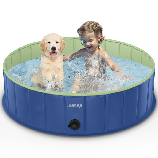 Foldable Dog Pool by LUNAOO- Portable Kiddie Pool, Durable PVC Outdoor Swimming Pool for Large Small Dogs (L - 47'' x 12'', Navy Blue Green) L - 47'' x 12''