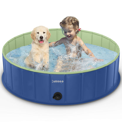 Foldable Dog Pool by LUNAOO- Portable Kiddie Pool, Durable PVC Outdoor Swimming Pool for Large Small Dogs (L - 47'' x 12'', Navy Blue Green) L - 47'' x 12''