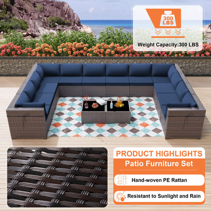 ALAULM 14 Pieces Sectional Sofa Sets, Outdoor Patio Furniture - Dark Blue