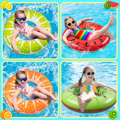 90shine 5PCS Fruit Piscine Flotteurs Pastèque Kiwi Orange Citron Anneaux De Natation avec 13.5" Ballon De Plage - Tubes Gonflables Floaties Jouets pour Enfants Adultes