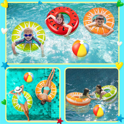 90shine 5PCS Fruit Piscine Flotteurs Pastèque Kiwi Orange Citron Anneaux De Natation avec 13.5" Ballon De Plage - Tubes Gonflables Floaties Jouets pour Enfants Adultes