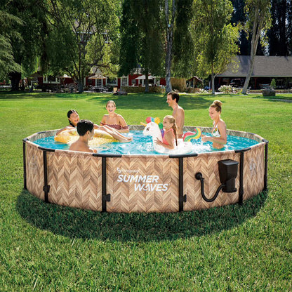 Summer Waves Oak Herringbone Elite 12' x 30" Outdoor Backyard Round Frame Ensemble de piscine hors sol avec pompe de filtration, cartouche et patch de réparation