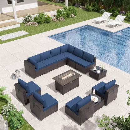 ALAULM 13 Pieces Patio Furniture Set with Fire Pit Table Outdoor Sectional Sofa Sets Outdoor Furniture - Dark Blue