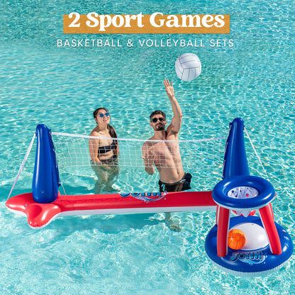 Sloosh Ensemble de flotteurs de piscine gonflables Filet de volley-ball et cerceaux de basket-ball, balles incluses pour enfants et adultes Jouet de jeu de natation, flotteurs d'été, terrain de volley-ball | Basket-ball, rouge rouge