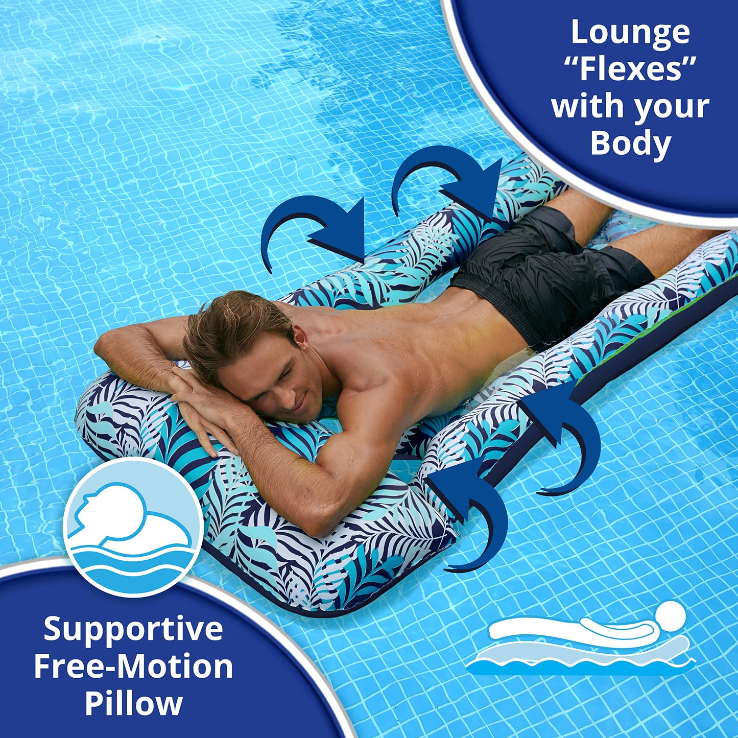 Aqua 18-Pocket Inflatable Contour Lounge, Luxury Fabric, Suntanner Pool Float, Heavy Duty, Blue Ferns 18 Pocket Lounge Blue Fern 72"L