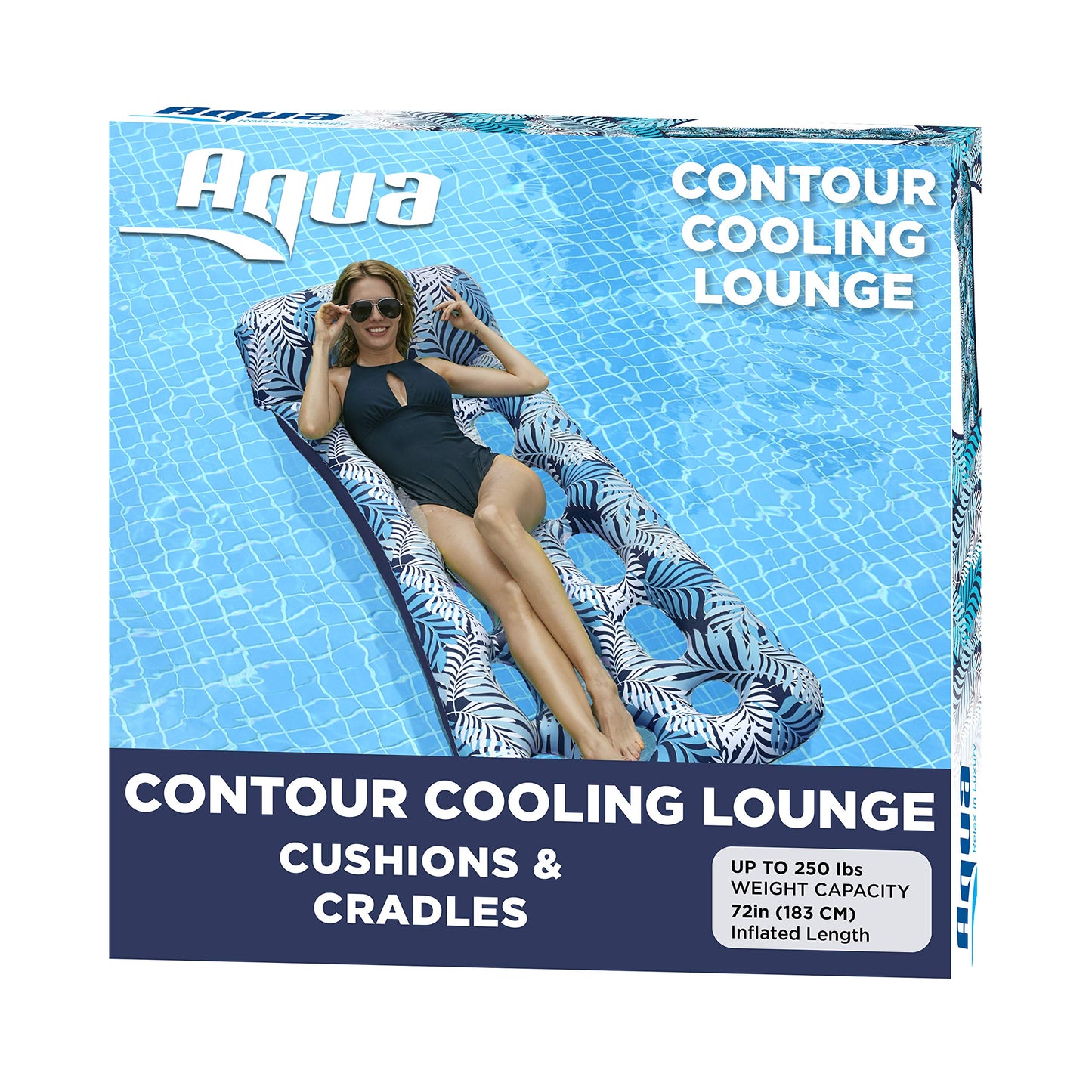 Aqua 18-Pocket Inflatable Contour Lounge, Luxury Fabric, Suntanner Pool Float, Heavy Duty, Blue Ferns 18 Pocket Lounge Blue Fern 72"L