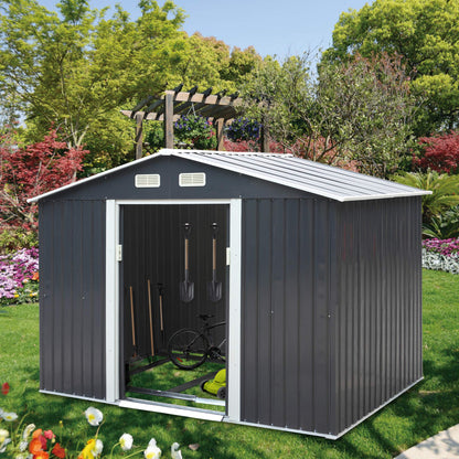 JAXSUNNY 6 x 9 FT Outdoor Metal Storage Shed w/ Floor Frame, Utility Tool Shed House for Patio Backyard Lawn Pool Equipment, Lawnmover Shed with Sliding Doors, 4 Vents & Apex Roof (Dark Gray) Dark Gray