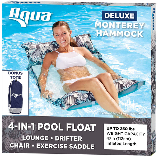 Aqua Original 4 en 1 Monterey Hammock Flotteur de piscine et hamac à eau – Flotteurs de piscine gonflables polyvalents pour adultes – Matériau PVC épais et antiadhésif breveté Resort Hamac Antigua Blue