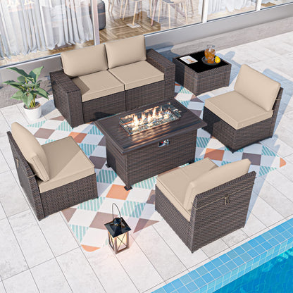 ALAULM 7 Pieces Outdoor Patio Furniture Set with Propane Fire Pit Table Patio Sectional Sofa Sets - Sand