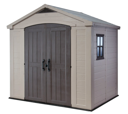 Keter Factor 8x6 Large Resin Outdoor Storage Shed for Patio Furniture, Lawn Mower, Garden Accessories Yard Tools, and Pool Toys, Taupe