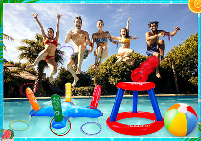 3 ensembles de jouets de piscine pour adultes et famille – Panier de basket flottant et anneau gonflable et ballon de plage pour enfants, accessoires de flotteurs aquatiques amusants