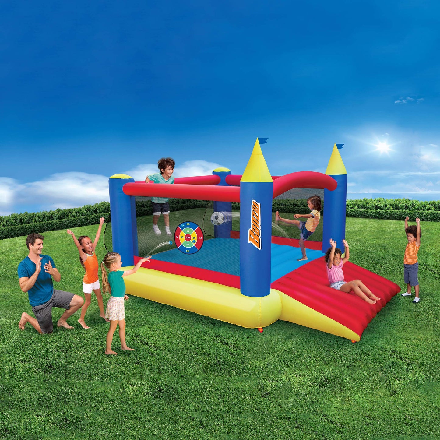 BANZAI Inflatable Water Slide & Bounce House (Combo Pack) - Huge Heavy Duty Outdoor Kids Adventure Park Pool with Sprinkler Wave and Slide Plus Large Bonus 12’x9 Bounce House - Free Blower Included