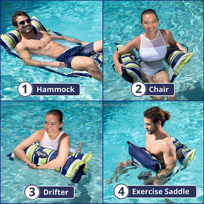 Aqua Original Monterey Hamac 4 en 1 Flotteur de piscine et hamac d'eau – Flotteurs de piscine gonflables polyvalents pour adultes – Matériau PVC épais et antiadhésif breveté Hamac bleu marine et vert