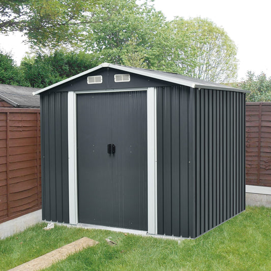 Chery Industrial 8x6FT Shed Outdoor Storage Shed, Galvanized Garden Shed with Air Vent and Slide Door, Tool Storage Backyard Shed,Tiny House Garden Tool Storage for Backyard Patio Lawn(Black)